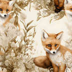 baby foxes, red foxes, fox cubs, orange fur, cream background, beige tones, brown accents, botanical elements, wildflowers, feathers, nature motifs, realistic illustration, woodland animals, forest creatures,, fabric panel, soft palette, earthy colors, wildlife design, nursery theme