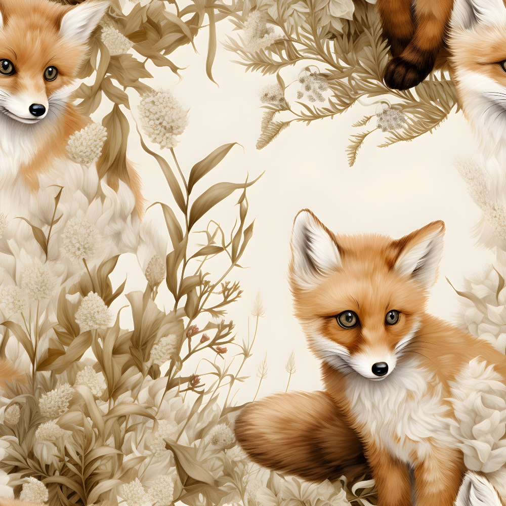 baby foxes, red foxes, fox cubs, orange fur, cream background, beige tones, brown accents, botanical elements, wildflowers, feathers, nature motifs, realistic illustration, woodland animals, forest creatures,, fabric panel, soft palette, earthy colors, wildlife design, nursery theme