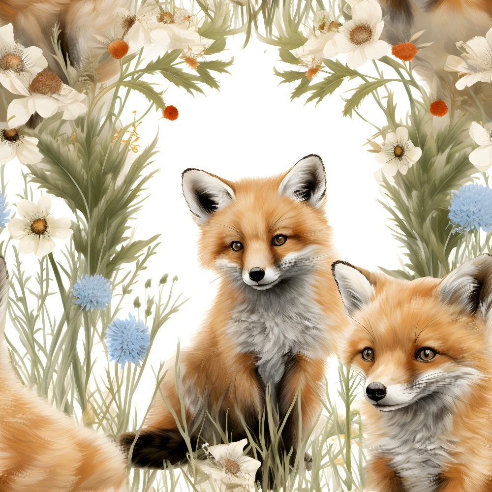 baby foxes, orange fur, white flowers, blue flowers, meadow scene, floral border, soft pastels, nature design, woodland animals,, fabric panel, spring wildflowers, gentle expression, realistic illustration, earth tones, botanical elements, cute animals, peaceful mood, crafting material