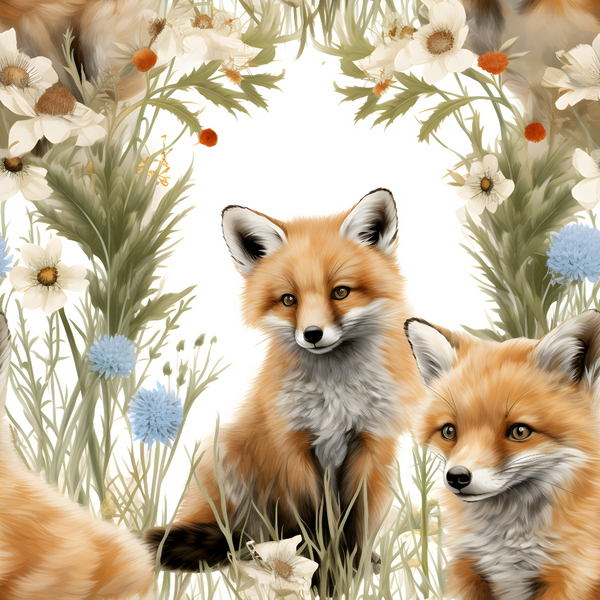baby foxes, orange fur, white flowers, blue flowers, meadow scene, floral border, soft pastels, nature design, woodland animals,, fabric panel, spring wildflowers, gentle expression, realistic illustration, earth tones, botanical elements, cute animals, peaceful mood, crafting material
