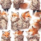 baby foxes, autumn leaves, leaf pattern, orange fur, cream background, hooded jackets, cute animals, woodland creatures,, fabric panel, warm colors, rust orange, soft beige, nature theme, fox portraits, cozy clothing, seasonal design, children's fabric, animal faces, fluffy tails
