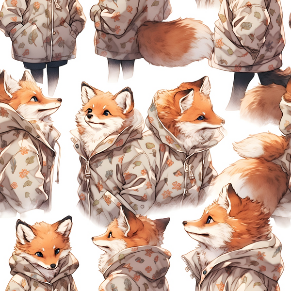 baby foxes, autumn leaves, leaf pattern, orange fur, cream background, hooded jackets, cute animals, woodland creatures,, fabric panel, warm colors, rust orange, soft beige, nature theme, fox portraits, cozy clothing, seasonal design, children's fabric, animal faces, fluffy tails