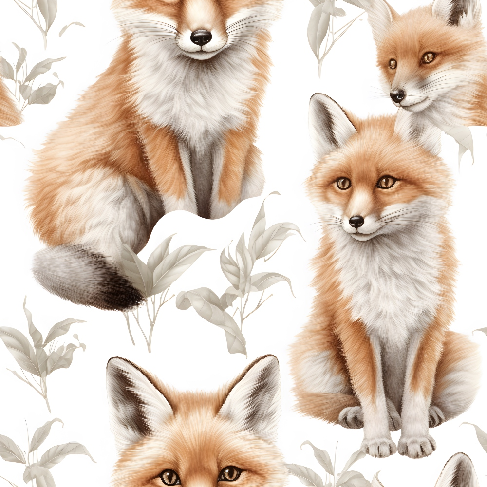 baby foxes,, fabric panel, orange fur, cream white, brown eyes, botanical leaves, woodland animals, cute foxes, soft pastels, nature pattern, fox faces, sitting foxes, fluffy tails, nursery fabric, animal motifs, realistic illustration, warm earth tones, children's fabric, wildlife design