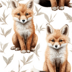 baby foxes, red fox, orange fur, white chest, brown eyes, botanical leaves, nature pattern, wildlife design, forest animals, cute animals,, fabric panel, realistic illustration, warm tones, earthy colors, beige leaves, woodland theme, repeating pattern, soft style