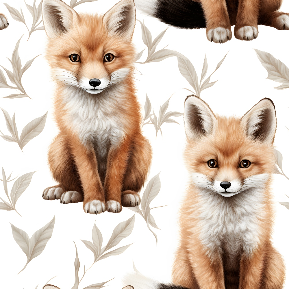baby foxes, red fox, orange fur, white chest, brown eyes, botanical leaves, nature pattern, wildlife design, forest animals, cute animals,, fabric panel, realistic illustration, warm tones, earthy colors, beige leaves, woodland theme, repeating pattern, soft style