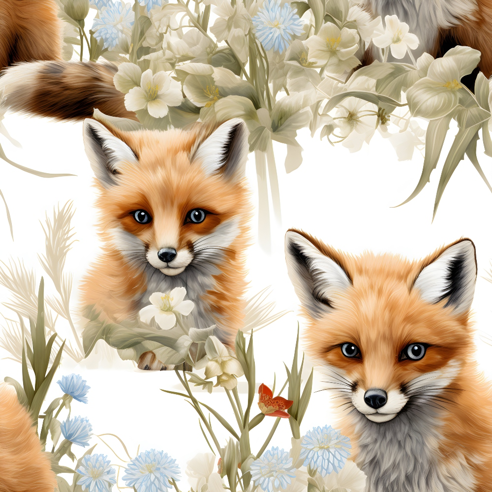 baby foxes, orange fur, white flowers, blue eyes, floral pattern,, fabric panel, woodland animals, soft pastels, cream background, botanical elements, nature scene, delicate blooms, fox kits, gentle artwork, spring flowers, wildlife design, nursery fabric, peachy orange, ethereal style