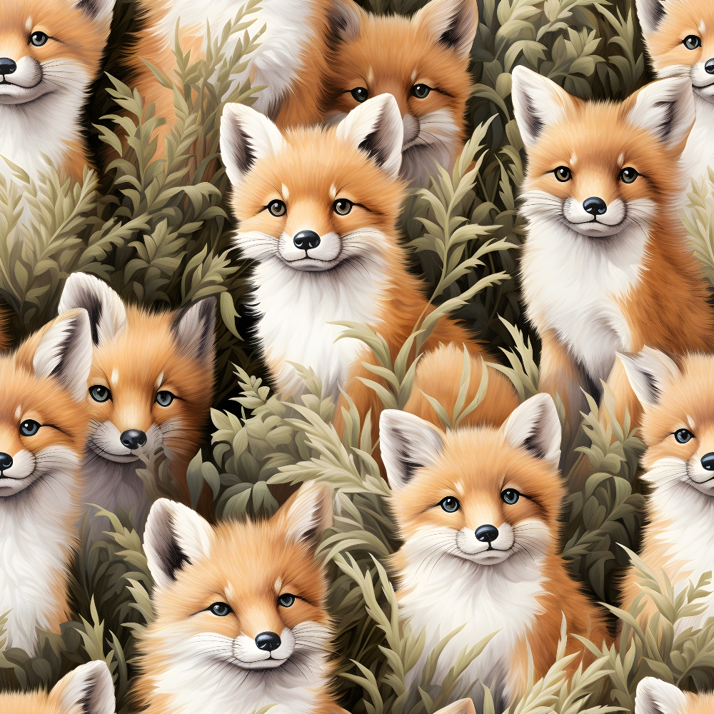 baby foxes, orange fur, white markings, blue eyes, forest vegetation, green foliage, brown plants, wildlife pattern, seamless repeat, nature scene,, fabric panel, realistic art style, woodland creatures, adorable animals, earthy tones, natural colors, fox cubs, botanical elements, cute expression