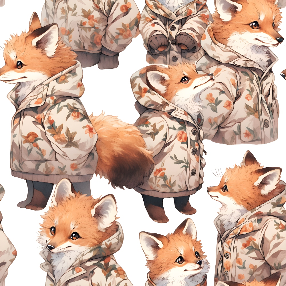 baby foxes, orange fur, cream background, floral jackets, autumn leaves,, fabric panel, adorable animals, woodland creatures, cozy clothing, soft pastels, whimsical illustration, nature theme, children's fabric, cute characters, seasonal motif, gentle colors, artistic design, cotton fabric, crafting material