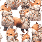 baby foxes, orange fur, cream background, floral jackets, autumn leaves,, fabric panel, adorable animals, woodland creatures, cozy clothing, soft pastels, whimsical illustration, nature theme, children's fabric, cute characters, seasonal motif, gentle colors, artistic design, cotton fabric, crafting material
