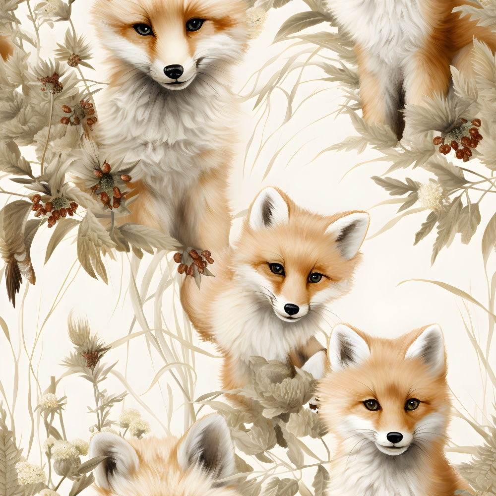 cream, beige, orange, rust, white, baby foxes, fox family, floral elements, botanical design, soft pastels, whimsical illustration, nature scene,, fabric panel, wildlife pattern, gentle artwork, nursery theme, forest animals, delicate flowers, warm tones