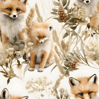 baby foxes, red fox, fox kit, woodland animals, cream background, orange fur, white chest, blue eyes, botanical elements, wheat stalks, dried flowers, neutral tones, beige, tan, soft pastels, nature pattern,, fabric panel, realistic illustration, forest creatures