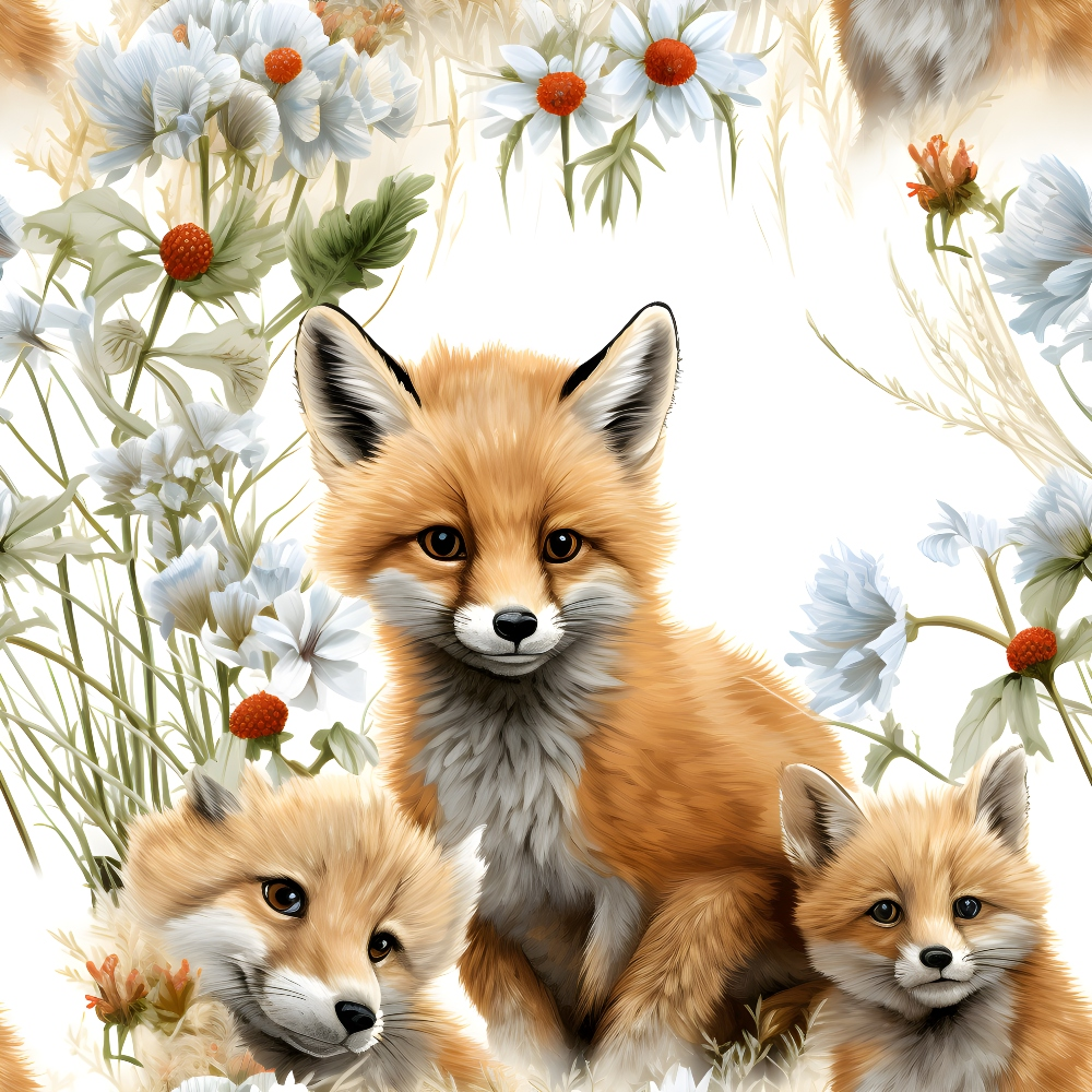 baby foxes, orange fur, white daisies, red centers,, fabric panel, floral background, nature scene, woodland animals, soft pastels, green leaves, family portrait, cute animals, spring flowers, realistic illustration, warm tones, botanical elements, nursery fabric, animal lovers, crafting material