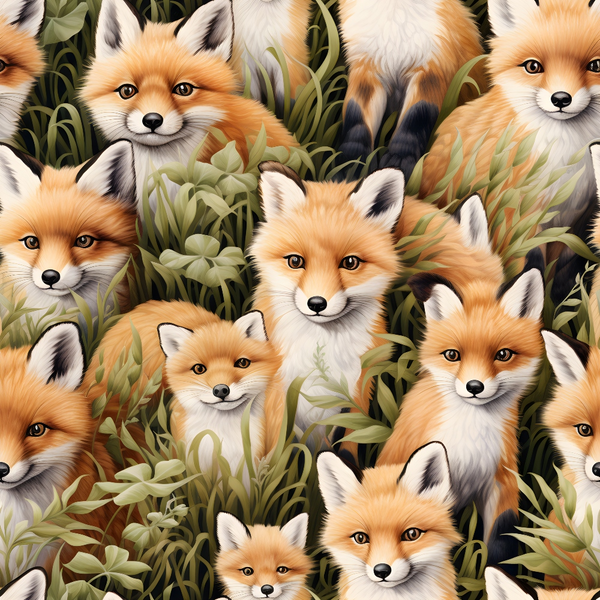 baby foxes, red foxes, orange fur, white markings, black ear tips, green foliage, botanical elements, grass patterns, nature scene, wildlife design, realistic illustration, adorable animals, forest creatures,, fabric panel, seamless pattern, woodland theme, baby animals, fox faces, natural colors