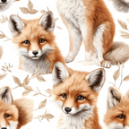orange, rust, cream, white, brown, baby foxes, fox faces, woodland animals, leaves, foliage, seamless pattern,, fabric panel, cute animals, forest theme, nature motif, soft illustration, nursery fabric, animal faces, botanical elements, woodland nursery