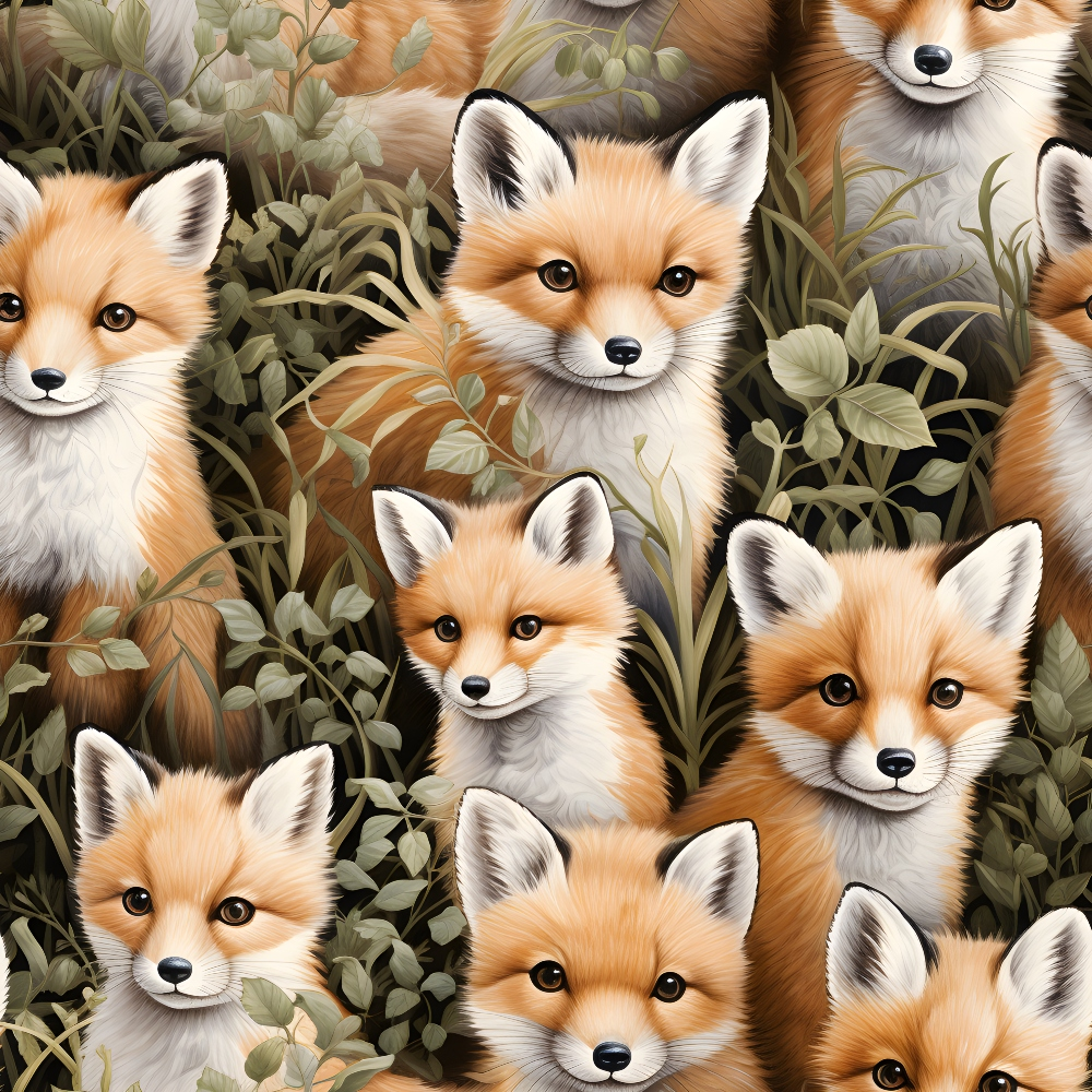 baby foxes, orange fur, white chest, black ears, brown eyes, forest foliage, green leaves, botanical background, wildlife pattern, woodland creatures, realistic illustration, nature theme,, fabric panel, earthy tones, russet colors, animal faces, cute expression, detailed artwork, natural habitat