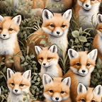 baby foxes, orange fur, white chest, black ears, brown eyes, forest foliage, green leaves, botanical background, wildlife pattern, woodland creatures, realistic illustration, nature theme,, fabric panel, earthy tones, russet colors, animal faces, cute expression, detailed artwork, natural habitat