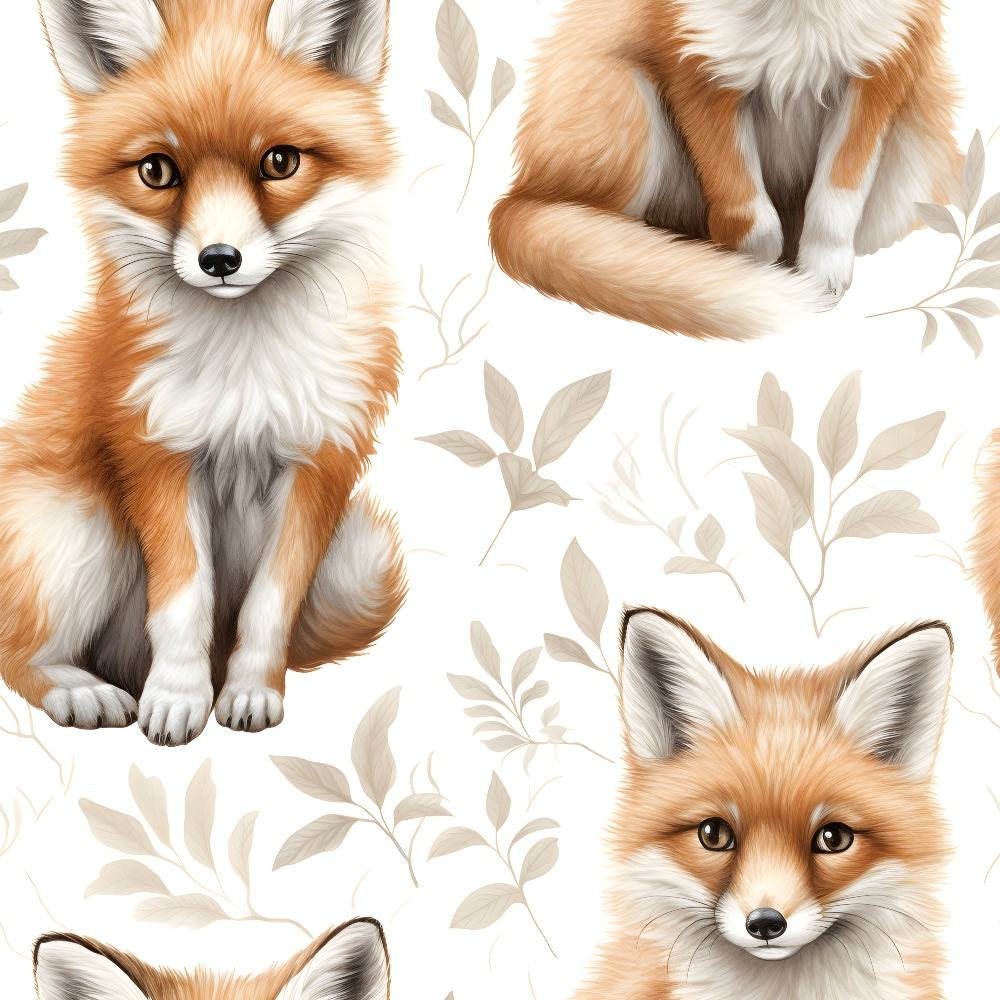 baby foxes, orange fur, white chest, amber eyes, botanical leaves, beige foliage, sitting pose, curled tail, realistic illustration, soft watercolor style,, fabric panel, woodland animals, nursery theme, nature motifs, cute animals, fox faces, fluffy texture, warm tones, children's fabric