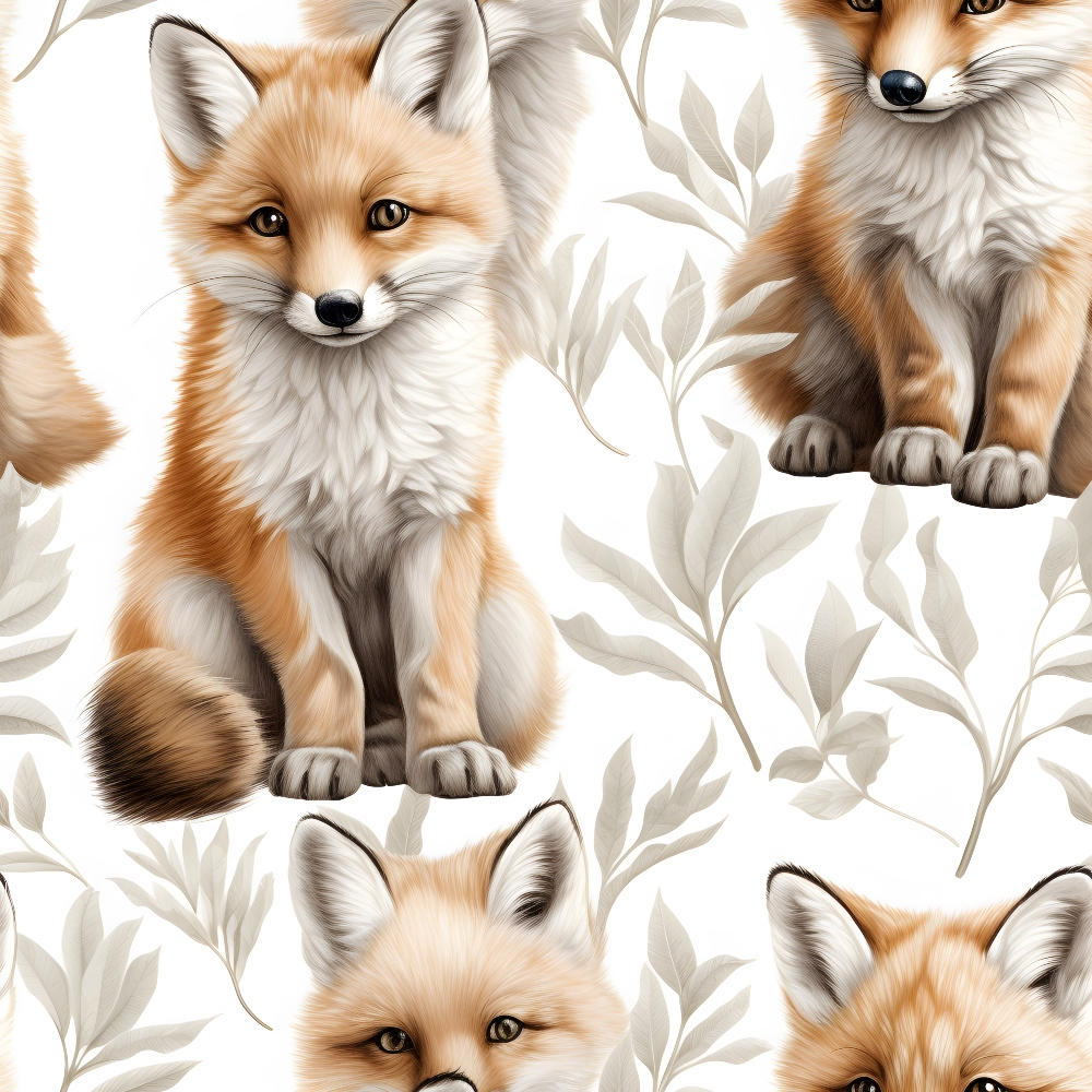 baby foxes, red fox, orange fur, white fur, brown eyes, botanical leaves, neutral beige, cream background, wildlife pattern, forest animals, cute animals,, fabric panel, realistic illustration, nursery theme, woodland creatures, soft colors, nature motif, animal faces, fox kits