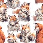 orange foxes, baby animals, winter clothing, hoodies, floral print, snow scene, watercolor style,, fabric panel, cute characters, orange fur, white background, winter wear, adorable foxes, soft illustration, children's fabric, animal pattern, cozy clothing, playful design, nursery fabric