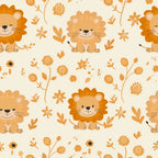 orange, cream, beige, lions, baby animals, safari, floral motifs, botanical elements, cute cartoon style, whimsical, nursery theme,, fabric panel, children's design, warm tones, playful, soft illustration, nature pattern, animal faces, decorative flowers