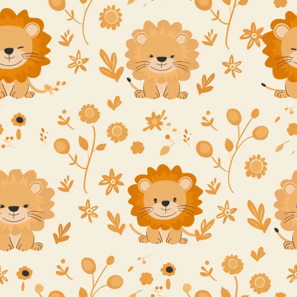 orange, cream, beige, lions, baby animals, safari, floral motifs, botanical elements, cute cartoon style, whimsical, nursery theme,, fabric panel, children's design, warm tones, playful, soft illustration, nature pattern, animal faces, decorative flowers