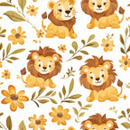 baby lions, safari animals, golden yellow, warm orange, brown mane, olive green, floral elements, daisy flowers, cute cartoon style,, fabric panel, nursery theme, wildlife pattern, playful design, botanical accents, leafy branches, seamless repeat, children's fabric, animal faces, warm earth tones