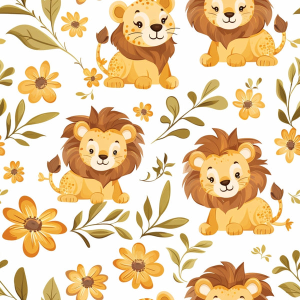 baby lions, safari animals, golden yellow, warm orange, brown mane, olive green, floral elements, daisy flowers, cute cartoon style,, fabric panel, nursery theme, wildlife pattern, playful design, botanical accents, leafy branches, seamless repeat, children's fabric, animal faces, warm earth tones