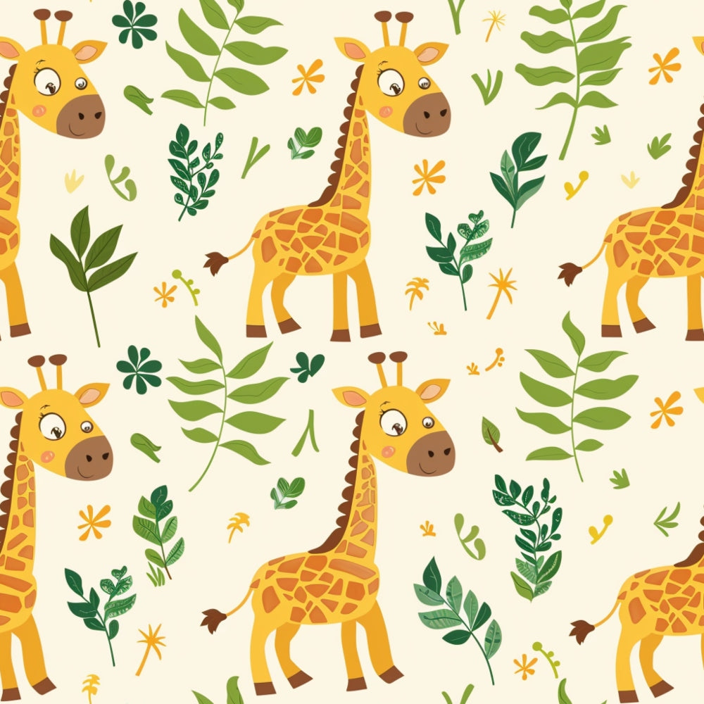 yellow giraffes, green foliage, safari animals, baby nursery,, repeating pattern, cute cartoon style, botanical elements, cream background, orange accents, brown details, jungle theme, children's fabric, animal print, leafy branches, playful design, wildlife motifs, nature inspired, soft colors, fabric panel