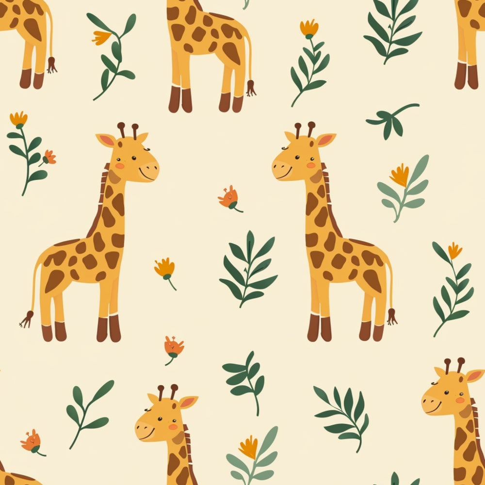 baby giraffes, safari animals, yellow orange, cream beige, brown spots, green foliage, floral sprigs, cute cartoon style,, fabric panel, nursery theme, animal pattern, whimsical design, soft pastels, children's fabric, baby quilt, repetitive motif, nature elements, playful illustration, cotton fabric