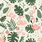 pink flamingos, tropical leaves, coral pink, sage green, cream background, monstera leaves, palm fronds, tropical birds, seamless pattern,, fabric panel, jungle theme, safari animals, tropical florals, botanical design, whimsical style, baby nursery, soft pastels, nature motifs, repeating pattern