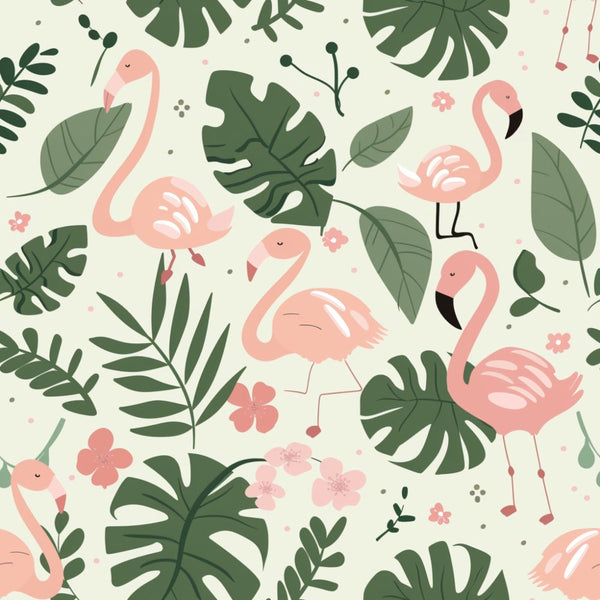pink flamingos, tropical leaves, coral pink, sage green, cream background, monstera leaves, palm fronds, tropical birds, seamless pattern,, fabric panel, jungle theme, safari animals, tropical florals, botanical design, whimsical style, baby nursery, soft pastels, nature motifs, repeating pattern