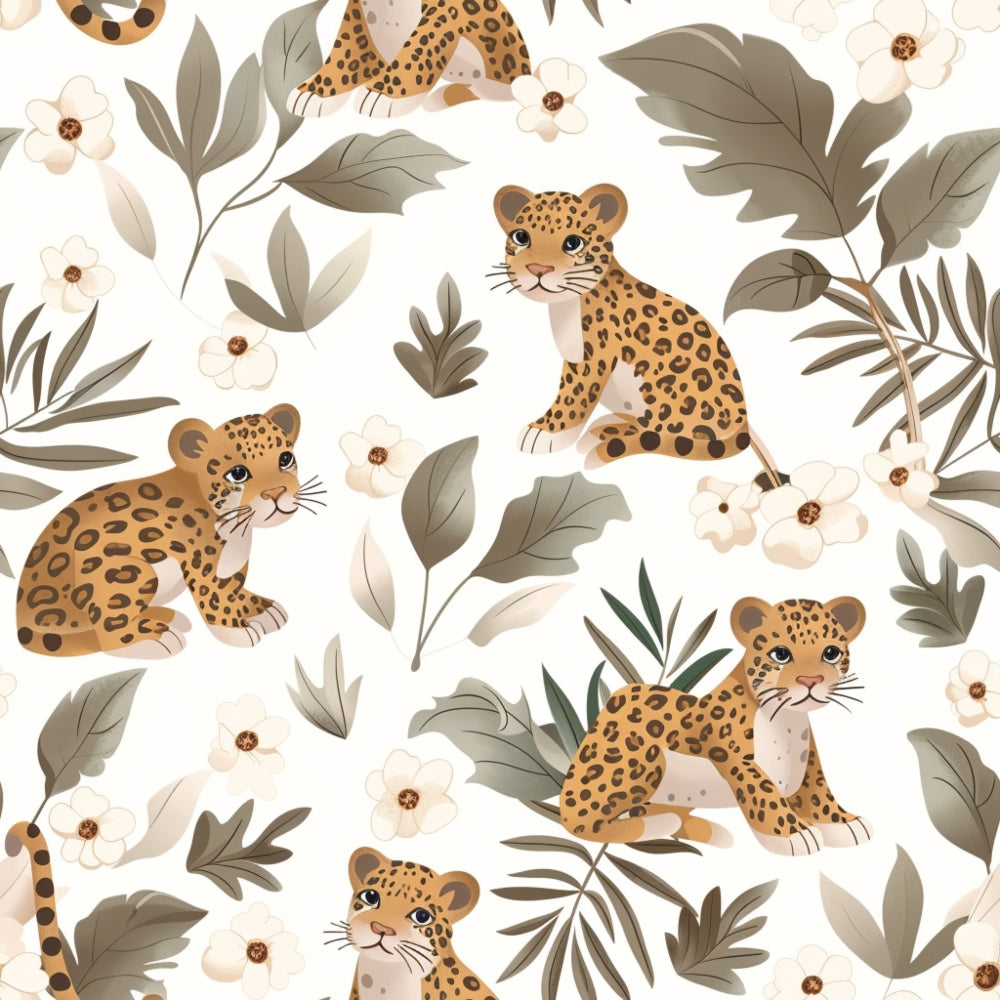 baby leopards, jungle cubs, safari animals, tropical leaves, cream background, spotted pattern, orange leopards, brown spots, botanical foliage, white flowers, earth tones, children's fabric, nursery theme, wildlife design,, seamless repeat, cute animal faces, jungle nursery, neutral colors, baby animals