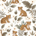 baby leopards, jungle cubs, safari animals, tropical leaves, cream background, spotted pattern, orange leopards, brown spots, botanical foliage, white flowers, earth tones, children's fabric, nursery theme, wildlife design,, seamless repeat, cute animal faces, jungle nursery, neutral colors, baby animals