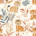 cream background, orange leopards, spotted cats, jungle animals, baby safari, botanical leaves, earthy tones, coral accents, gray foliage, cute animal faces, repeating pattern, nursery theme, wildlife motif, soft pastels,, fabric panel, children's design, tropical plants, warm colors, playful illustration