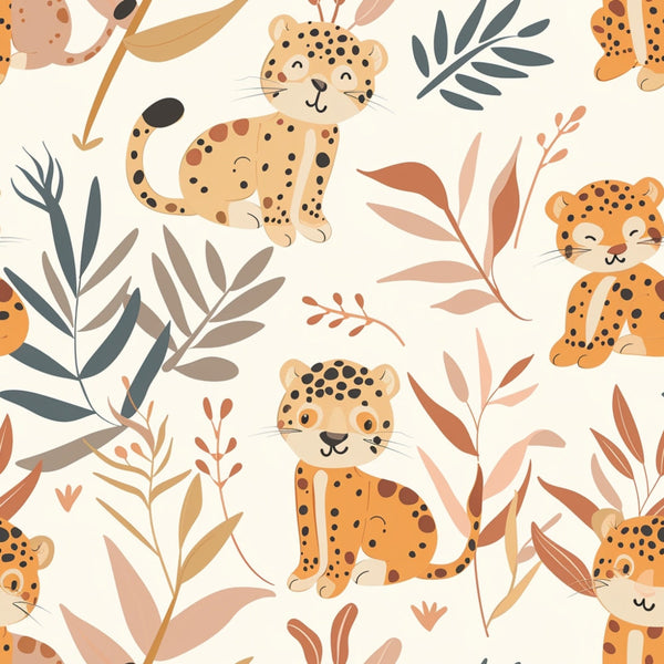 cream background, orange leopards, spotted cats, jungle animals, baby safari, botanical leaves, earthy tones, coral accents, gray foliage, cute animal faces, repeating pattern, nursery theme, wildlife motif, soft pastels,, fabric panel, children's design, tropical plants, warm colors, playful illustration
