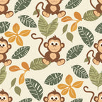 baby safari, monkeys, primates, tropical leaves, banana leaves, orange flowers, plumeria, jungle pattern, cartoon animals, cute monkeys, brown monkeys, green foliage, orange blooms, cream background, seamless repeat,, fabric panel, nursery theme, animal print, tropical paradise