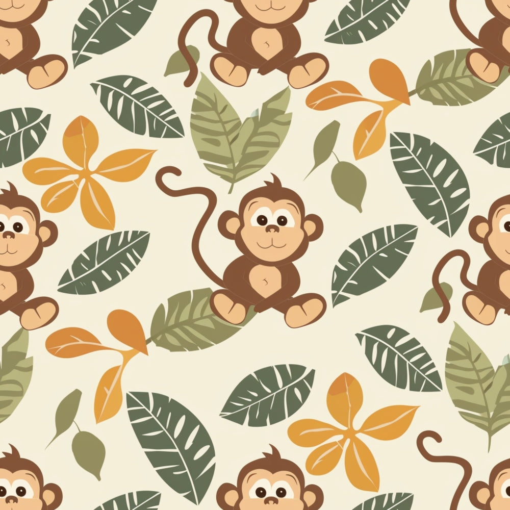 baby safari, monkeys, primates, tropical leaves, banana leaves, orange flowers, plumeria, jungle pattern, cartoon animals, cute monkeys, brown monkeys, green foliage, orange blooms, cream background, seamless repeat,, fabric panel, nursery theme, animal print, tropical paradise
