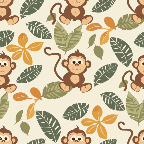 baby safari, monkeys, primates, tropical leaves, banana leaves, orange flowers, plumeria, jungle pattern, cartoon animals, cute monkeys, brown monkeys, green foliage, orange blooms, cream background, seamless repeat,, fabric panel, nursery theme, animal print, tropical paradise