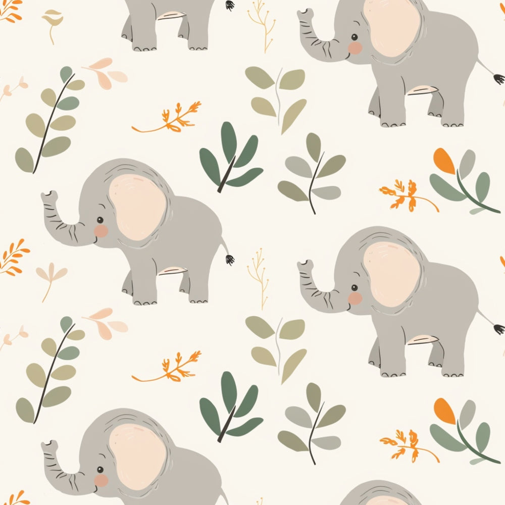 baby elephants, safari animals, botanical leaves, soft gray, peachy pink, sage green, orange accents, cream background,, fabric panel, nursery decor, cute illustration, whimsical style, nature motifs, animal pattern, floral elements, pastel colors, children's fabric, gentle artwork, repeating design
