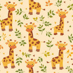 baby giraffes, safari animals, yellow, orange, brown, cream background, green leaves, botanical elements, polka dots, cute cartoon style,, fabric panel, nursery theme, african safari, leafy branches, playful design, children's fabric, animal print, soft colors, whimsical illustration