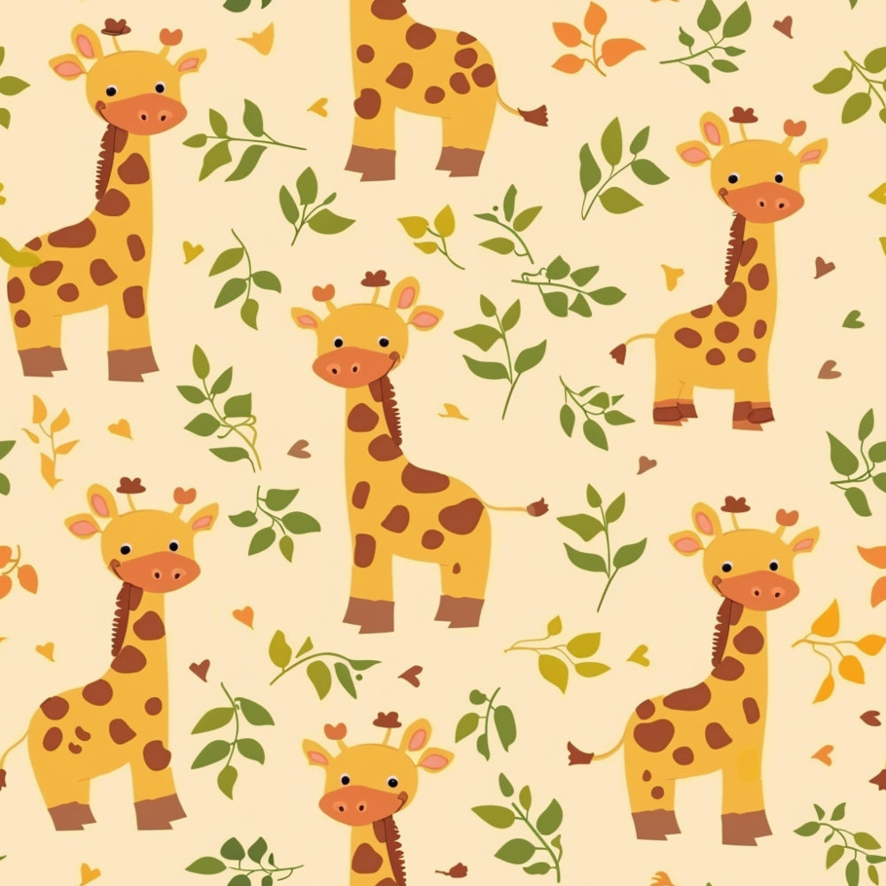 baby giraffes, safari animals, yellow, orange, brown, cream background, green leaves, botanical elements, polka dots, cute cartoon style,, fabric panel, nursery theme, african safari, leafy branches, playful design, children's fabric, animal print, soft colors, whimsical illustration