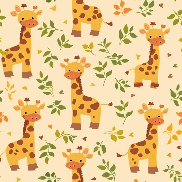 baby giraffes, safari animals, yellow, orange, brown, cream background, green leaves, botanical elements, polka dots, cute cartoon style,, fabric panel, nursery theme, african safari, leafy branches, playful design, children's fabric, animal print, soft colors, whimsical illustration
