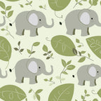 sage green, cream background, baby elephants, gray elephants, botanical leaves, nursery pattern,, fabric panel, safari animals, cute animals, children's fabric, soft pastels, repeating pattern, jungle theme, elephant motif, leaf branches, baby decor, animal print, nature elements, whimsical design