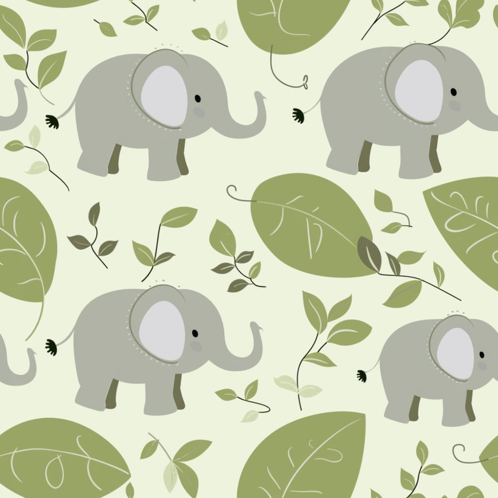 sage green, cream background, baby elephants, gray elephants, botanical leaves, nursery pattern,, fabric panel, safari animals, cute animals, children's fabric, soft pastels, repeating pattern, jungle theme, elephant motif, leaf branches, baby decor, animal print, nature elements, whimsical design