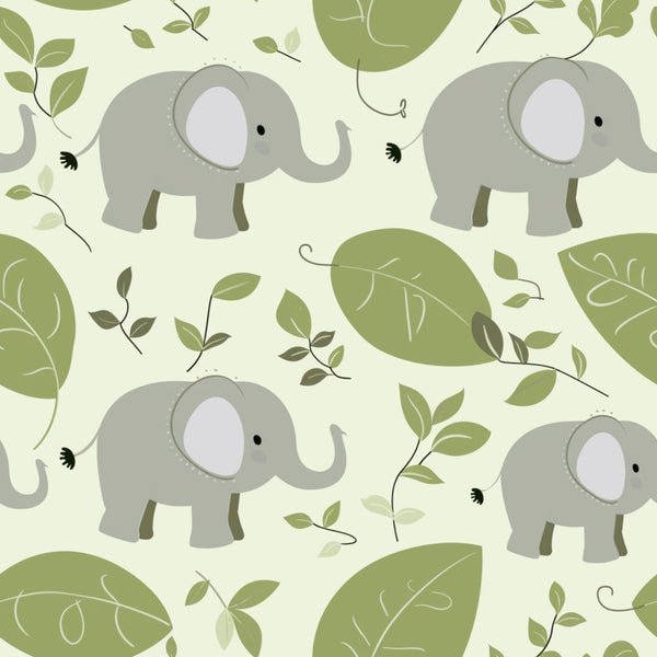 sage green, cream background, baby elephants, gray elephants, botanical leaves, nursery pattern,, fabric panel, safari animals, cute animals, children's fabric, soft pastels, repeating pattern, jungle theme, elephant motif, leaf branches, baby decor, animal print, nature elements, whimsical design