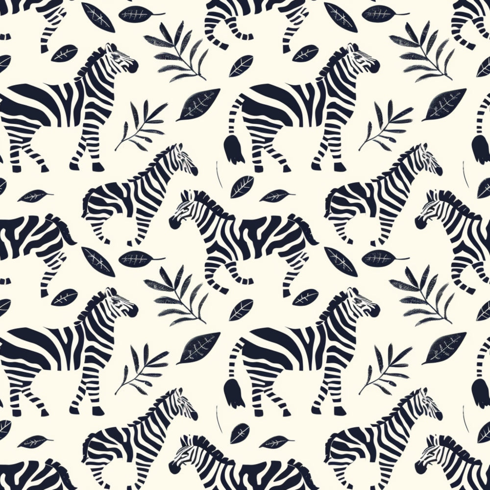 navy blue, cream, zebra pattern, safari animals, tropical leaves, botanical elements, repeating pattern,, fabric panel, baby nursery, african wildlife, striped animals, jungle theme, monochrome design, animal silhouettes, nature motifs, children's fabric, safari adventure, foliage pattern, wildlife print