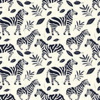 navy blue, cream, zebra pattern, safari animals, tropical leaves, botanical elements, repeating pattern,, fabric panel, baby nursery, african wildlife, striped animals, jungle theme, monochrome design, animal silhouettes, nature motifs, children's fabric, safari adventure, foliage pattern, wildlife print