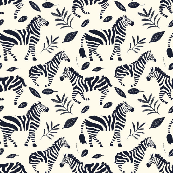 navy blue, cream, zebra pattern, safari animals, tropical leaves, botanical elements, repeating pattern,, fabric panel, baby nursery, african wildlife, striped animals, jungle theme, monochrome design, animal silhouettes, nature motifs, children's fabric, safari adventure, foliage pattern, wildlife print