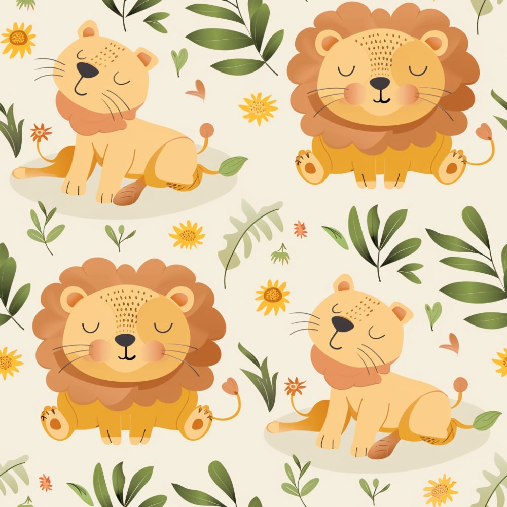 baby lions, safari animals,, fabric panel, cute cartoon style, orange mane, yellow lions, green leaves, botanical elements, small flowers, playful pose, sitting lions, nursery theme, children's fabric, warm colors, cream background, repeated pattern, whimsical design, jungle theme, baby animals