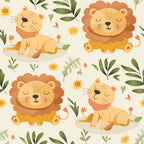 baby lions, safari animals,, fabric panel, cute cartoon style, orange mane, yellow lions, green leaves, botanical elements, small flowers, playful pose, sitting lions, nursery theme, children's fabric, warm colors, cream background, repeated pattern, whimsical design, jungle theme, baby animals
